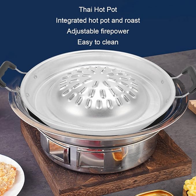 Thai Korean BBQ Grill Pan, Aluminum BBQ Grill Topper, 2 in 1 Non Stick Smoke Steak Grill Charcoal Pan Pork Hot Pot, Even Heating Barbecue Grill Plates, Camping BBQ Pan (30cm/11.81in Original Color)