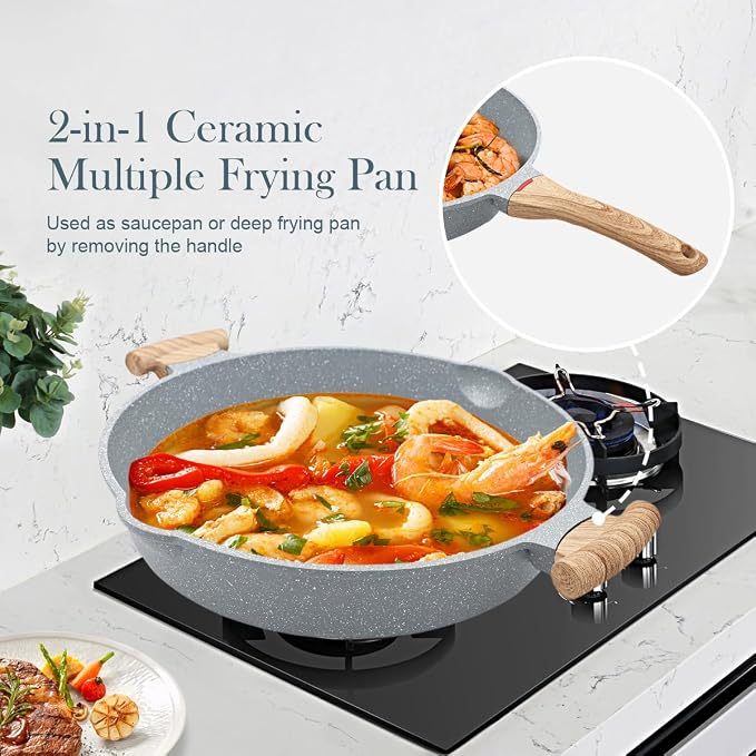 AIKENBBKK Ceramic Frying Pan with Lid, 14 Inch Saute Pan, Non Stick Frying Pans, 2-In-1 Large Cooking Pan, Nonstick Skillet, Compatible with All Stoves, PTFE & PFOA Free, Blue