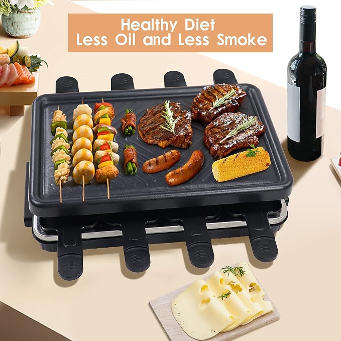 Raclette Grill, Raclette Table Grill, Korean BBQ Grill Indoor, 8 Trays | 1300W Adjustable Temperature Control, 8 Nonstick Cheese Pans, Dishwasher Safe for Family Dinners and Parties