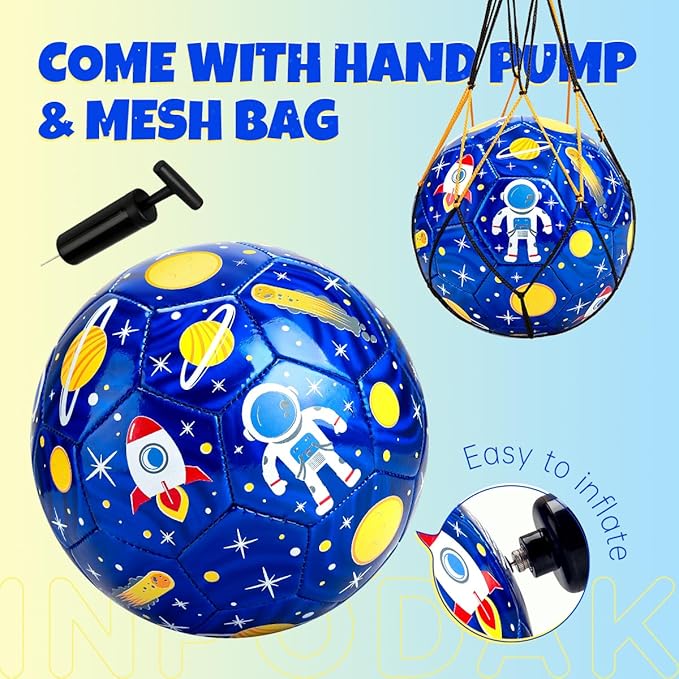 INPODAK Size 3 Soccer Ball for Toddler and Kids, Cartoon Astronaut Blue Ball for Kids 2-8, with Pump, Mesh Bag and Gift Box for Birthdays, Parties and Operation Christmas Child Shoebox