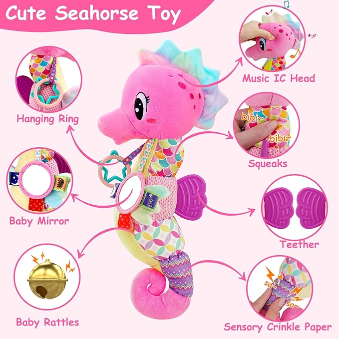 Baby Girl Toys 0-6 Months Musical Seahorse Stuffed Animal Tummy Time Toys for Infant 3-6 6-12 Months with Baby Mirror Sensory Newborn Crinkle Developmental Pink Toy Birthday Shower Gifts 0-3 4 5 Month