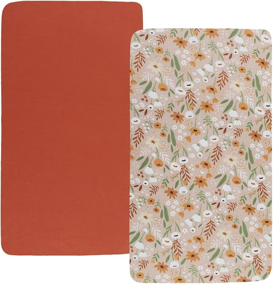 Pack n Play Sheet Stretchy Fitted Portable Mini Crib Sheets Set 2 Pack,Playard Sheets Convertible Playard Mattress Cover,Ultra Soft Jersey Material, Orange & Floral