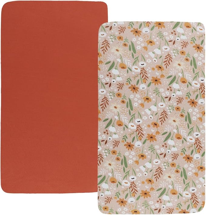 Stretchy Fitted Crib Sheets Set 2 Pack Portable Crib Mattress Topper for Baby Girl Boy,Ultra Soft Jersey Material, Orange & Floral