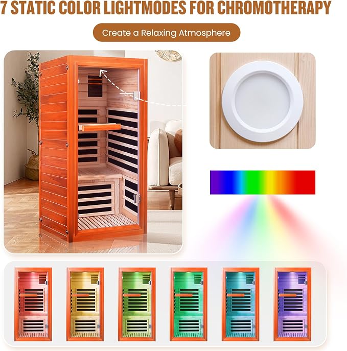 Infrared Sauna, Far Infrared Saunas for Home, Low EMF 1 Person Sauna Indoor Sauna Room Dry Sauna with Bluetooth Speakers 7 Color Light Therapy 1065W/120V Fast Heating Easy Assembly 31.5 * 31.5 * 63"