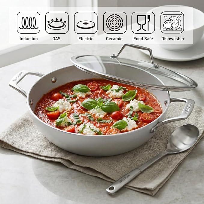 TECHEF - CeraTerra, 5 Qt / 12-in Ceramic Nonstick All Purpose Chef Pan with Cover, (PTFE and PFOA Free Ceramic Exterior & Interior), Oven & Dishwasher Safe, Made in Korea, Grey/Silver (5 Qt Chef Pan)