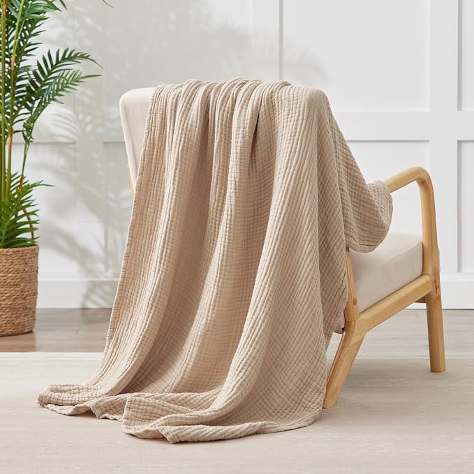 100% Cotton Muslin Blanket Twin 60" x 80", Breathable and Lightweight Cotton Twin Blankets for Couch, Soft Cooling Summer Gauze Blanket for Adults All Season, Beige