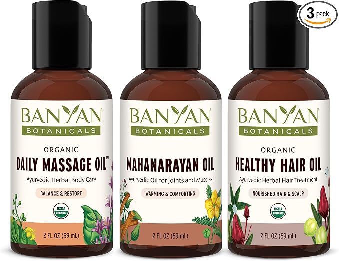 Oil Samples Bundle – 2 oz Daily Massage Oil, Mahanarayan Oil & Healthy Hair Oil – Certified Organic, Non GMO, Chemical Free
