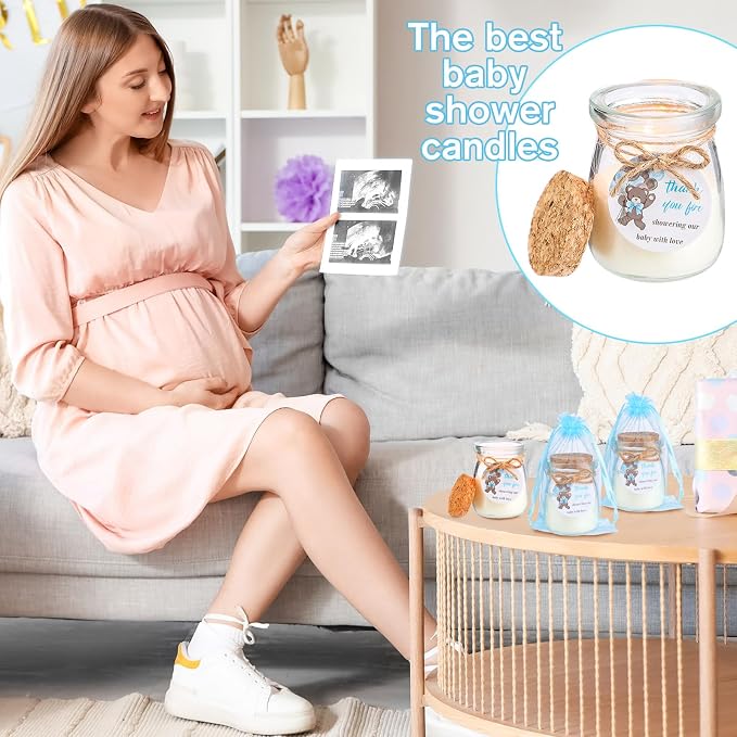 Threlaco 20 Pcs Bear Baby Shower Favors Party Candle Lavender Scented Glass Mason Jar Wax Candle Bulk for Guests Girl Boy Gender Reveal Party Gifts(Brown)