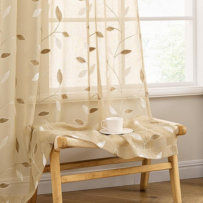 MIULEE Khaki Sheer Curtains 2 Panels Embroidered Leaf Patterned Rod Pocket Floral Semi Sheer Faux Linen Window Curtains Drapes Set for Living Room Bedroom Dining Room, 52x96 Inches Long