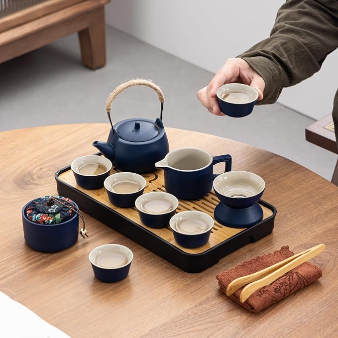 14-Piece Portable Ceramic Travel Tea Set - Chinese Kung Fu Tea Kit with Bamboo Tray & Leather Carry Bag (Blue) for Home/Office/Camping/Gifting
