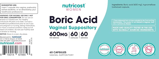 Nutricost Boric Acid (600mg) 60 Capsules GMO-Free | Vaginal Suppository for Women