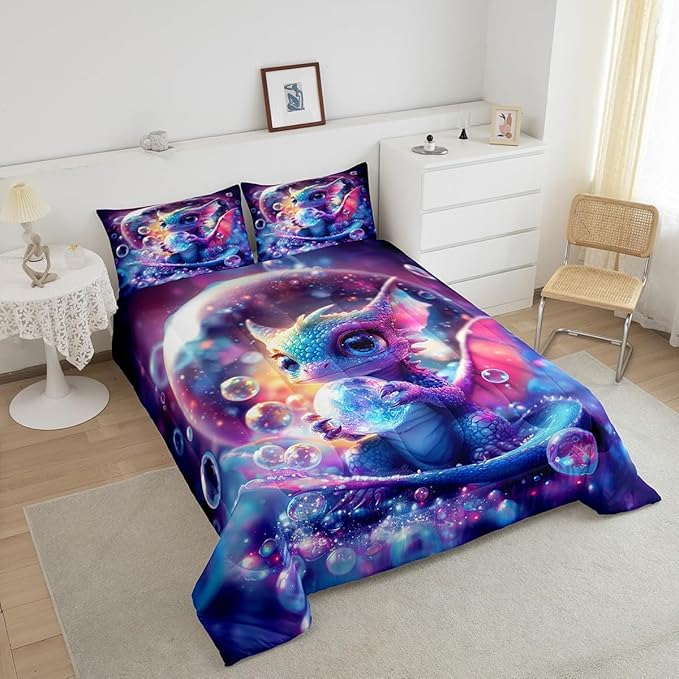 Feelyou Dragon Comforter Set Queen Size Kawaii Comforter for Boys Girls Teens Wild Life Bedding Set Dragon Decor Duvet Set Room Decor Purple Blue Quilt Set