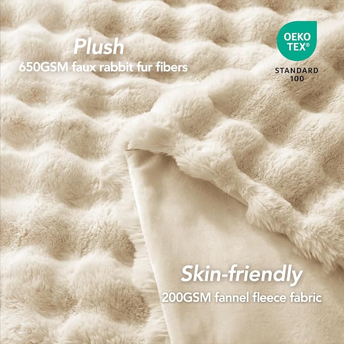 L'AGRATY Faux Rabbit Fur Throw Blanket for Couch, 90'' x 90'' Almond White | Soft Cozy Bubble Fluffy Blanket for Sofa Bed, Thick Warm Plush Fuzzy Throw for Room Home Decor, Luxury Gift for Women Mom