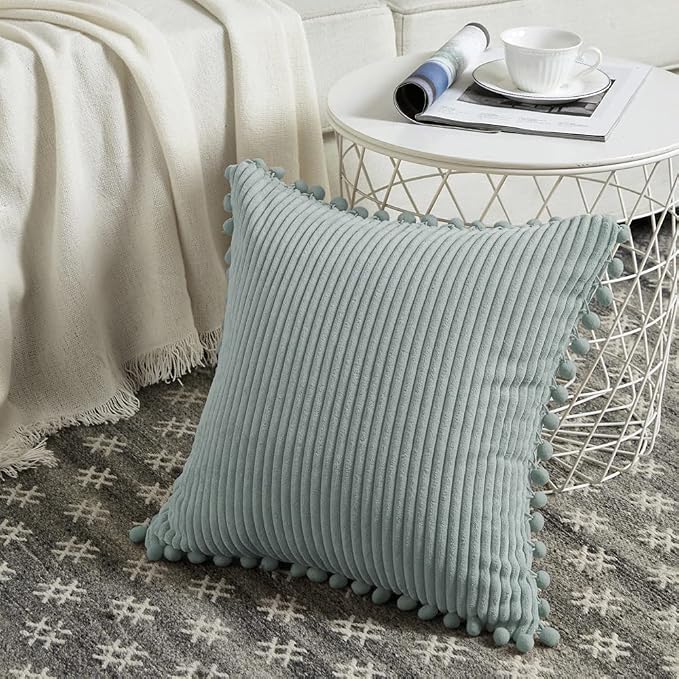 Fancy Homi Pack of 2 Farmhouse Decorative Throw Pillow Covers with Pom-poms, Soft Corduroy Solid Square Cushion Cases Set for Couch Sofa Bedroom Car Living Room (18x18 Inch/45x45 cm, Grey Blue)