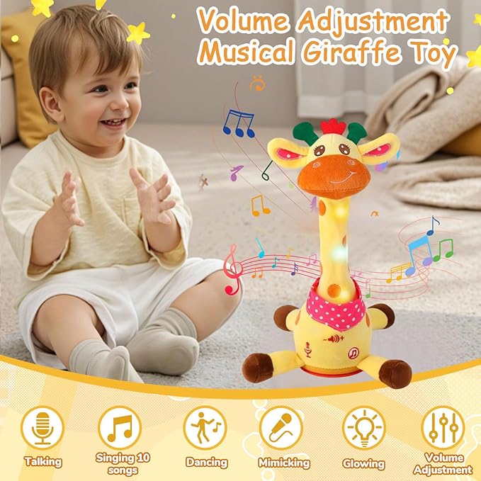 Dancing Talking Musical Giraffe Toy, Giraffe Stuffed Animal Tummy Time Toy with Volume Adjustment, Singing 10 Children's Songs Light Up Toys, Repeating What You Say, Baby Toys for Boys Girls Gifts