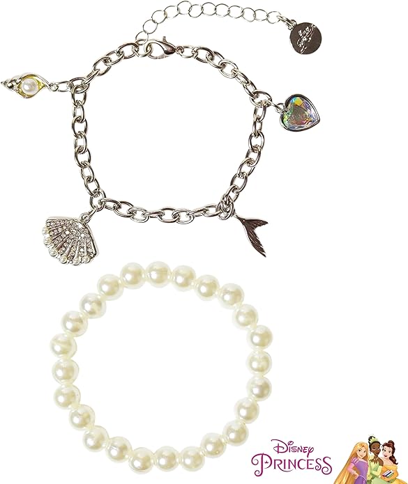 LUV HER Disney The Little Mermaid Bracelet Set for Girls Age 3+ - Pearl & Chain Bracelets with Seashell, Mermaid Tail, Heart Charms - Ideal for Dress-Up & Themed Parties - Adjustable & Layered Style