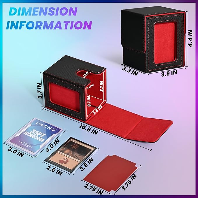 UAONO Card Deck Box with MTG Commander Display, Deck Case Holds 100+ Double-Sleeved Cards, Trading Card Storage Box Fits TCG/PTCG/Sports Card with 2 Dividers, 1 Top Loaders (Black, Red)