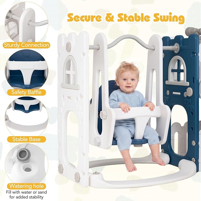Costzon 7 in 1 Toddle Swing and Slide Set, Freestanding Toddler Slide Playset w/Swing, Basketball Hoop, Kids Slide for Toddler Age 1-3 Playground w/Storage Space, Gifts for Boys Girls (Blue House)