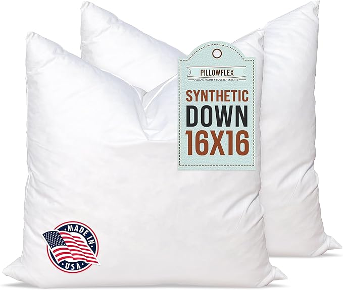 Pillowflex Synthetic Down Pillow Insert 16x16 in - Karate Chop Pillow | Set of 2 - Small Square Sham Forms, Plush Polyester Cotton Blend, Cloud-Like Comfort, Clump-Resistant Fill, Smooth Finish