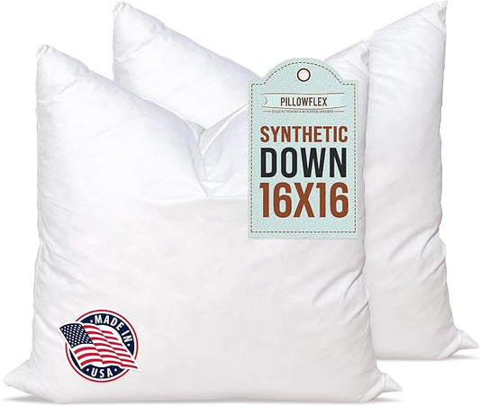 Pillowflex Synthetic Down Pillow Insert 16x16 in - Karate Chop Pillow | Set of 2 - Small Square Sham Forms, Plush Polyester Cotton Blend, Cloud-Like Comfort, Clump-Resistant Fill, Smooth Finish