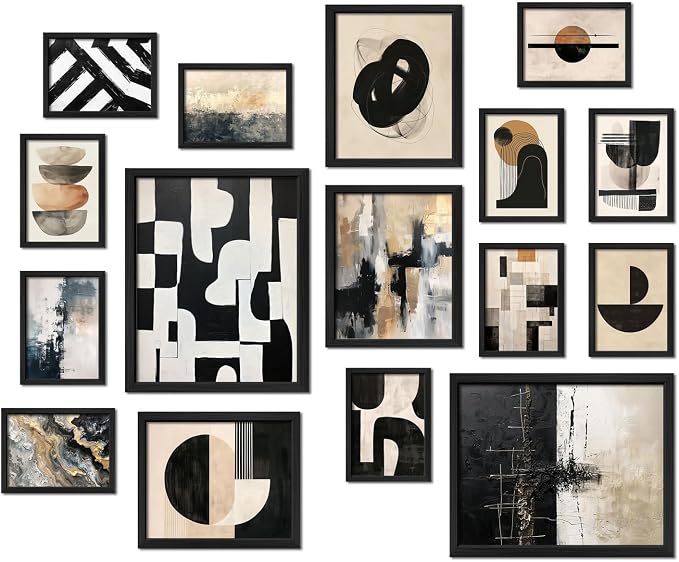 ANERZA 16 PCS Framed Black and White Abstract Wall Art Decor, Minimalist Wall Prints for Bedroom, Gallery Wall Frame Set, Posters for Living Room Aesthetic, Collage Kit, Dorm Artwork