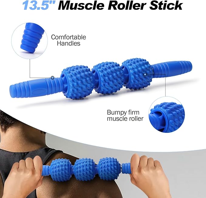 JOYENERGY 5 in 1 Foam Roller Set Trigger Point Foam Roller, Massage Roller Stick, Massage Ball, Stretching Strap for Deep Muscle Massage Pilates Yoga, Fitness Exercise for Whole Body (Blue Diamond)