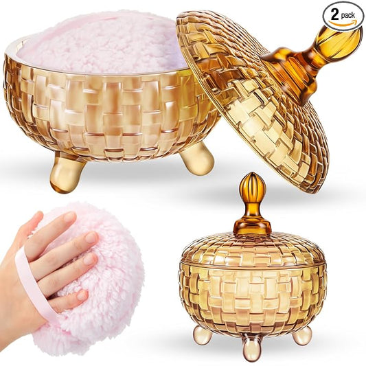 Tioncy 2 Pcs Extra Large Dusting Powder Puff and Container for Women-6'' Glass Crystal Dusting Powder Container with Body Soft Washable Reusable Velour Face(Amber,Weave Design)