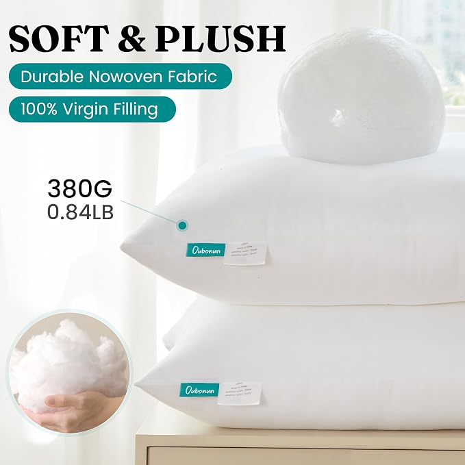 Oubonun 16 x 16 Throw Pillow Inserts Set of 4 | Soft, Plush & Decorative Down Alternative Pillows for Couch Sofa Bed, Machine Washable - White, Pack of 4