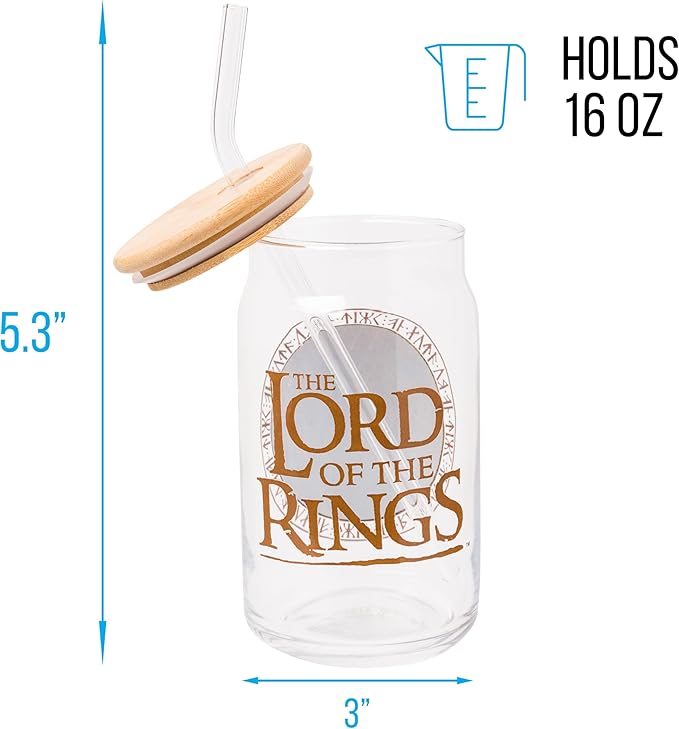 Silver Buffalo Lord of the Rings Hobbiton Glass Jar Tumbler with Bamboo Lid and Glass Straw, 16 Ounces