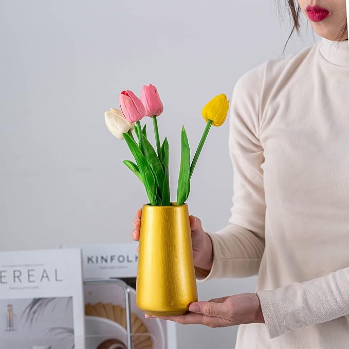 Simple Boho Ceramic Flower Vase for Home Decor (Gold,Small) | 6'' Modern Vase for Flower Plant Pampas Grass, Fit for Table Shelf Centerpieces, Living Room Kitchen Bedroom Wedding Gift