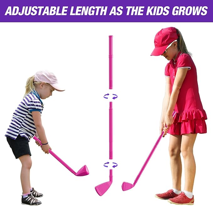 2 in 1 Toddler Golf Set 2-4 Years, Upgraded Kids Plastic Golf Clubs with 12 Balls, Cornhole Board & Putting Mat, Shoulder Strap, Indoor Outdoor Sport Toys Gift for Baby Boys Girls Aged 3-5, Pink