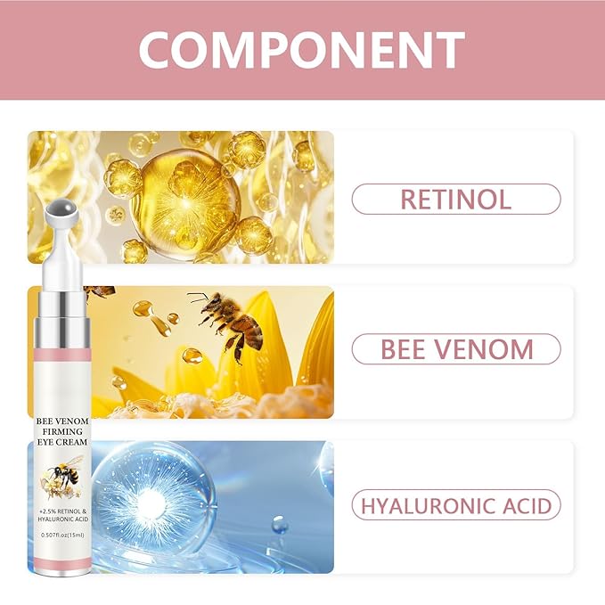 2-in-1 Eye Serum Set - Caffeine & Retinol Eye Cream + Bee Venom & Hyaluronic Acid Eye Serum, 360° Roller for Dark Circles, Puffiness & Fine Lines, Day & Night Duo