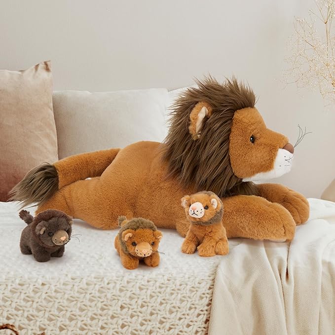 MaoGoLan 4 Pcs Lion Stuffed Animal Set - 19.6'' Lion Plush Toy with 3 Babies in Hers Zippered Back, Charming Gifts for Kids, Suitable for Birthday Christmas Festive Decorn