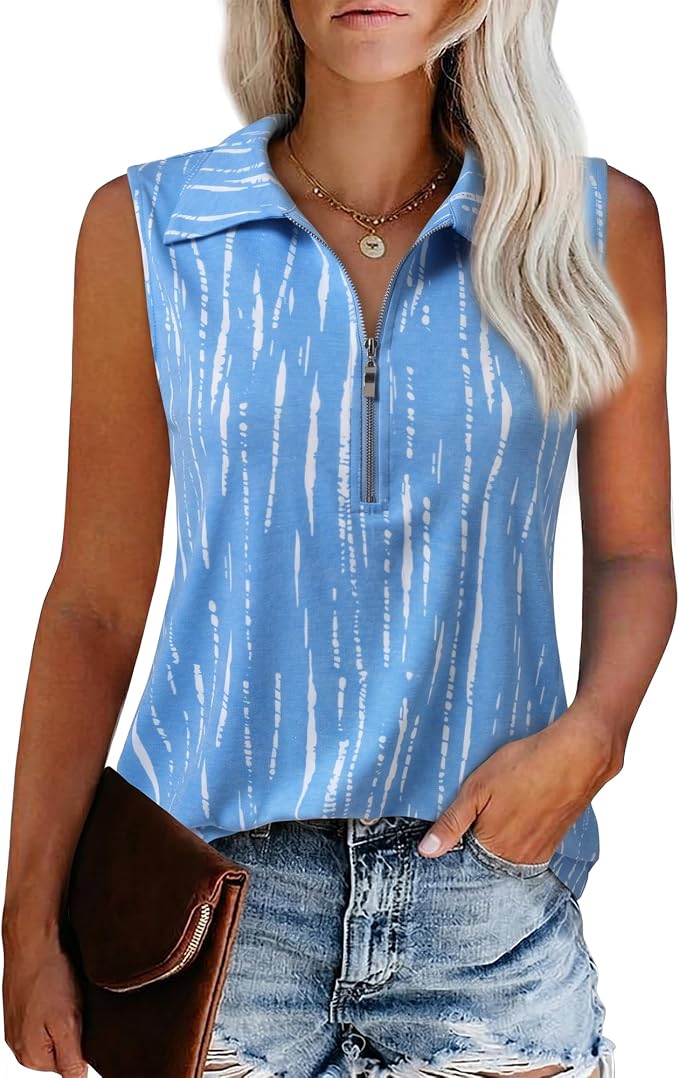 Vivilli Womens Ribbed Tank Top Zipper V Neck Dressy Casual Blouses Sleeveless Camisole Tops Work Tank Polo Shirts