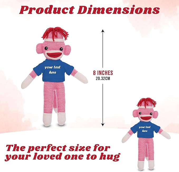 Huggable Pink Sock Monkey 8 Inch, Plush Stuffed Animal Personalized Gift-Custom Text on Shirt-Perfect for Halloween Day, Valentine's Day, Graduation Day, or Birthday Present (Royal)