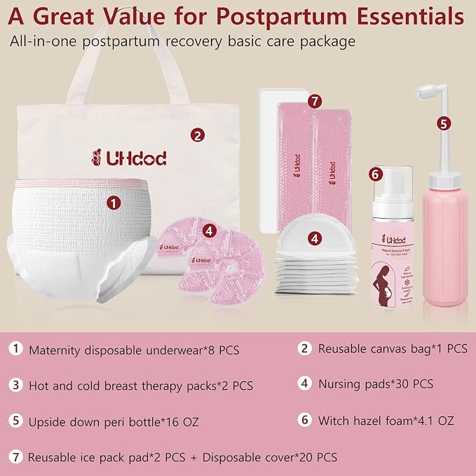 UHdod Postpartum Essentials Recovery Kit, Postpartum Kit for Women After Birth Labor Delivery Care, Disposable Underwear Cold Pads Cooling Foam Peri Bottle Nursing Pads Breast Ice Packs