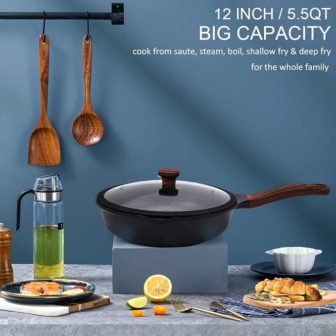 Vinchef Nonstick Deep Frying Pan Saute Pan with Lid, 12in/5.5Qt Fry Pan, German 3C+ Ceramic Coating Technology, Heat Indicator, Induction Compatible | Black German 3C+ toxin-free ceramic PFOA-free. Induction/gas compatible. Heat indicator handle. Light...