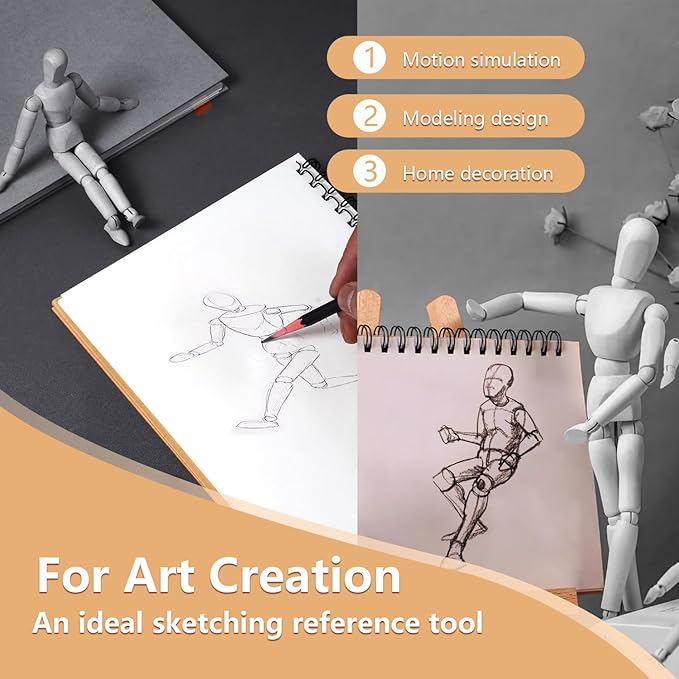 2-Pack 8" Wooden Mannequin Figures Artists Body Dolls Statue Human Action Drawing Model Posable Mini Art Manikin Stop Motion Figure, Wooden Dummy Gifts for Drawing, Painting, Sketching/Grey
