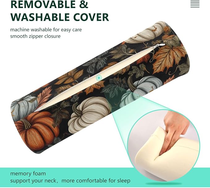 Fall Thanksgiving Pumpkin Neck Roll Pillow Bolster Round Health Memory Foam Long Cervical Cylinder Pillows with Removable Washable Cover for Body Bed Legs Back Yoga