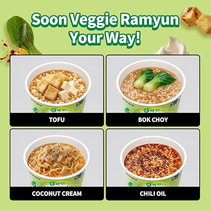 Nongshim Soon Veggie Ramyun Noodles, Signature Korean Instant Ramyun, Vegetable Flavored Broth, Vegan Noodles, Quick & Easy, Microwaveable Cup, 2.64 oz (Pack of 6)