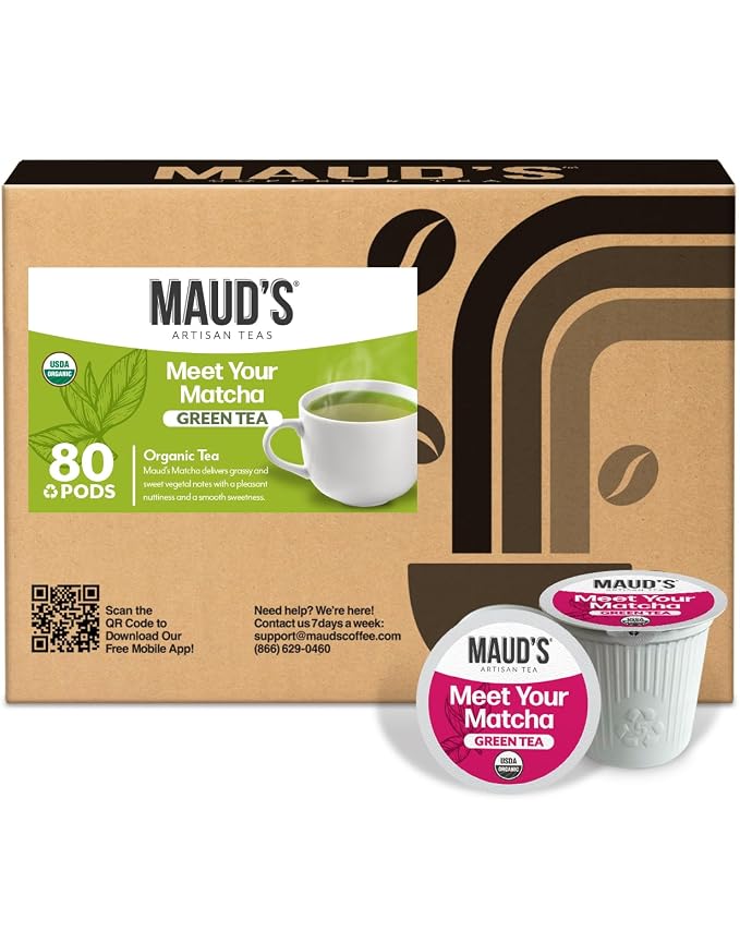 Maud's Organic Matcha Green Tea Pods, 80 ct, Single Serve Tea Pods – 100% Gourmet Blended Tea Leaves, Compatible with Keurig K Cups Maker