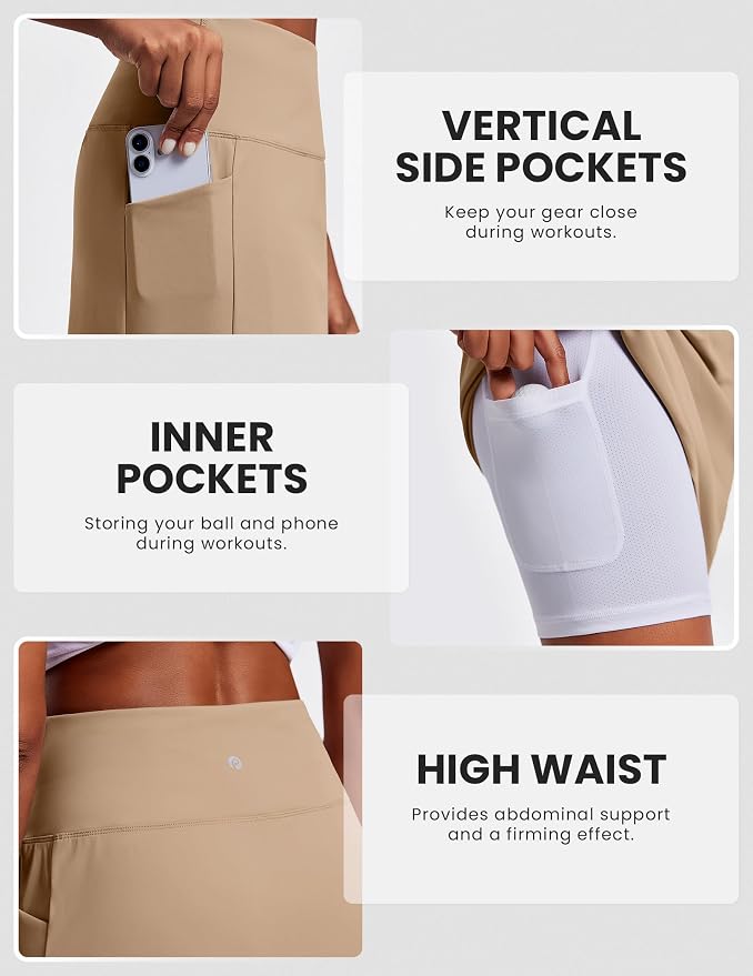 PINSPARK 19" Knee Length Skorts for Woman with Pockets UPF 50+ Golf Skirts | 4 Pockets, Built-in Shorts, High Waisted & Tummy Control, Moisture-wicking for Golf Athletic Tennis Workout Casual