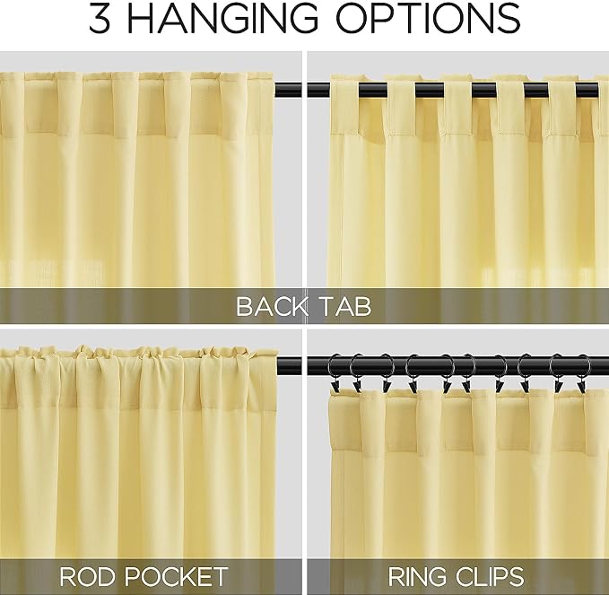 Nanspring Yellow Linen Semi Sheer Curtains 72 Inch Length for Living Room Back Tab Rod Pocket Modern Farmhouse Coastal Decor Cotton Textured Gauze Curtains 72 Inches Long for Dining Room Office 52x72