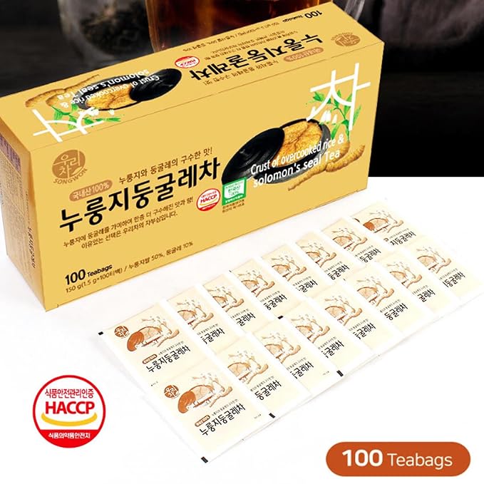 SONGWON Premium Nurungji Solomon’s Seal Tea – 100% Korean Toasted Rice & Solomon’s Seal, Nutty & Savory Flavor_100 Tea Bags (1.5g Each)