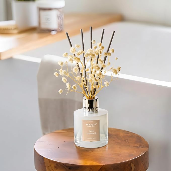 Airkeep Reed Diffuser Set,3.38 fl oz (100 ml) - Warm Teakwood Oil Diffusers with 8 Reed Sticks, Home Fragrance Reed Diffuser for Bathroom Shelf Decor
