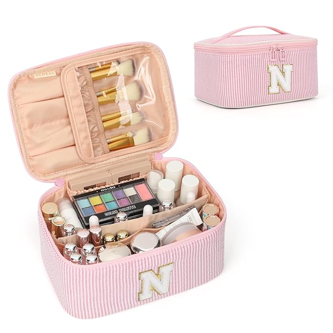 OCHEAL Makeup Bag Valentines Day Gifts for Women, Monogram Cosmetic Bag Pink Travel Makeup Case Beauty Toiletry Bag Organizer Personalized Gifts for Girls Bridesmaid, Sister, Wife, Friends Initiall N