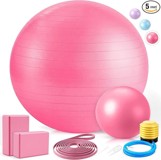 Pilates Set with 2 Yoga Exercise Balls (25.6”&9.8”), Yoga Block, Stretch Strap & Foot Pump, Stability Fitness Ball Kit for Home Gym Equipment Workout Pregnancy Physical Therapy