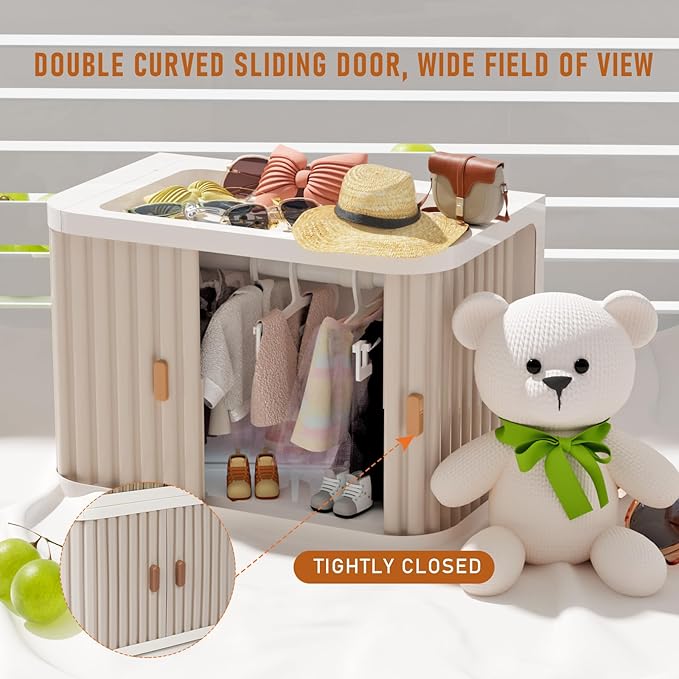 Creproly Doll Wardrobe Storage Box, Foldable Doll Closet with 10 Hangers and Rod for 15/17cm Doll Clothes Stackable Organizer Cabinet with Dust-Resistant Cover and Display Shelf (Pearl Grey)