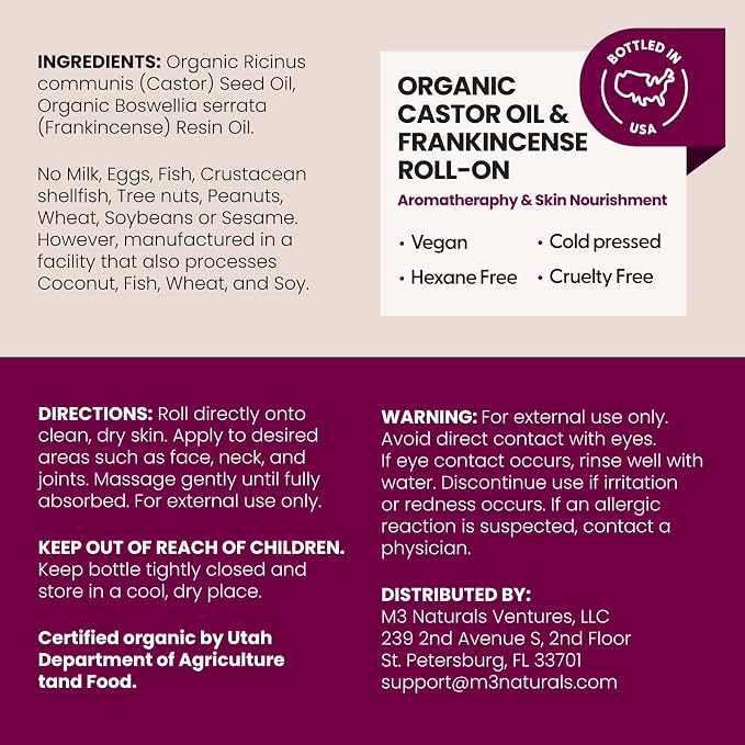 Organic Castor Oil + Frankincense Roll-On | USDA, Cold-Pressed, Hexane Free, Vegan Castor Oil with Frankincense Essential Oil | Body Massage Oil for Aromatherapy & Lymphatic Massage, 3 oz, by M3