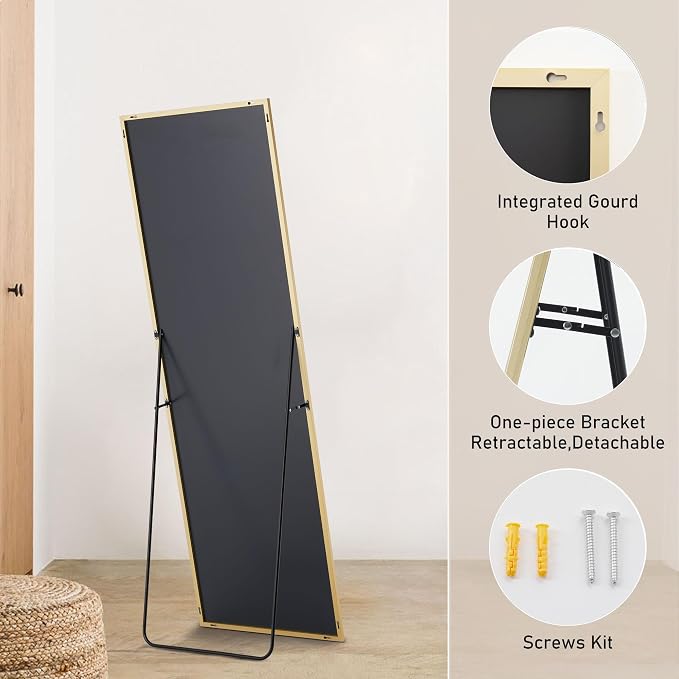 OLIXIS Full Length Mirror with Stand, Full Body Mirror, 58x19 | Hanging or Leaning Wall, Aluminum Alloy Thin Frame, Floor Living Room Bedroom, Long, Gold